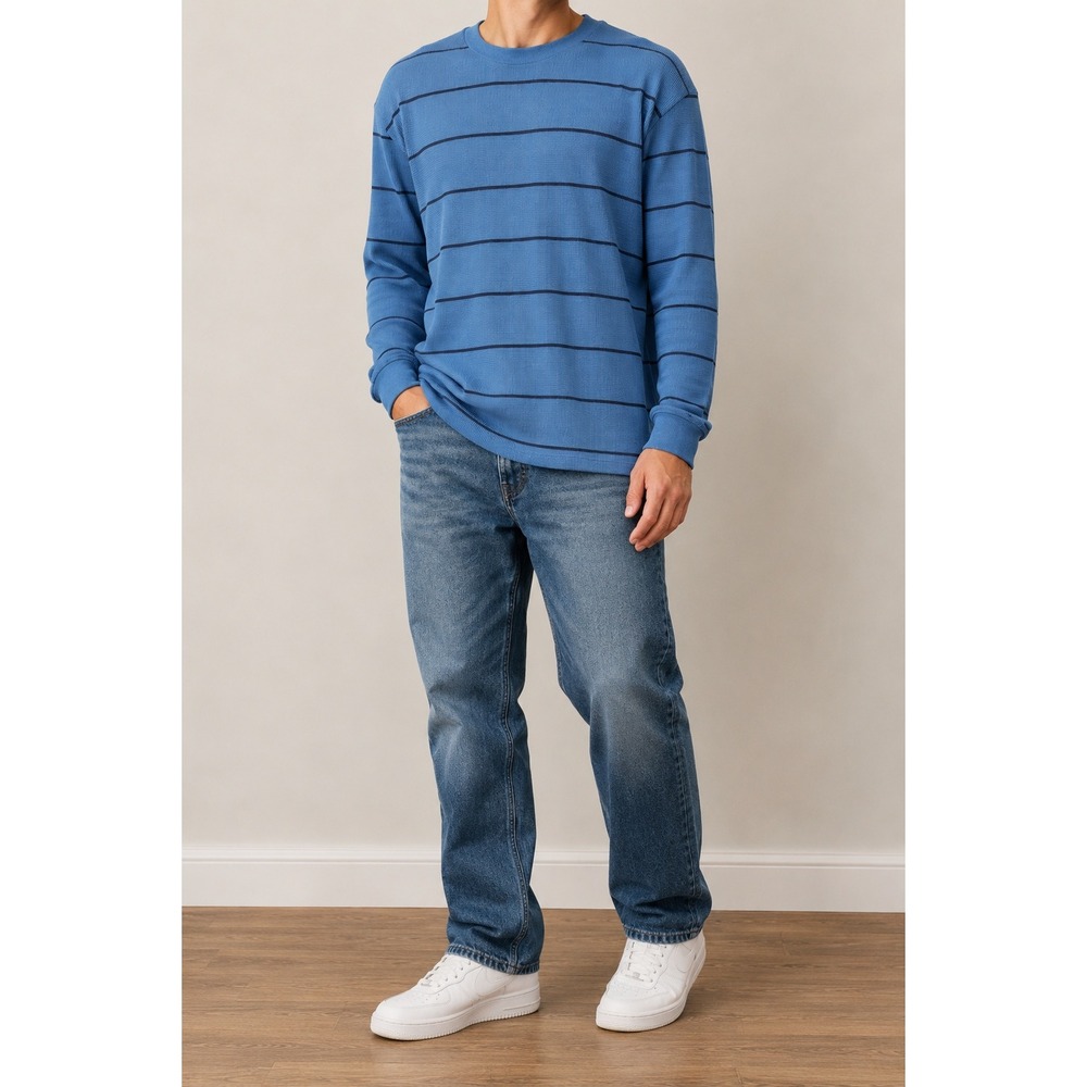 Blue Stripe Thermal Waffle Knit Long Sleeve Shirt Men XL Y2K Preppy Layer Casual